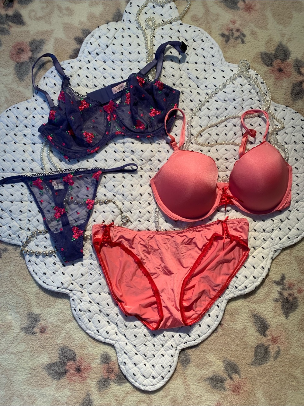 Jezebel Floral Embroidered Bra/Panty Set and b.tempted Pink Bra and Panty Set